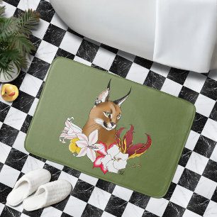Elegant Caracal Wild Cat Lilies Floral Green Bath Mat