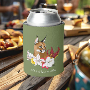 Elegant Caracal Wild Cat Lilies Floral Green Can Cooler