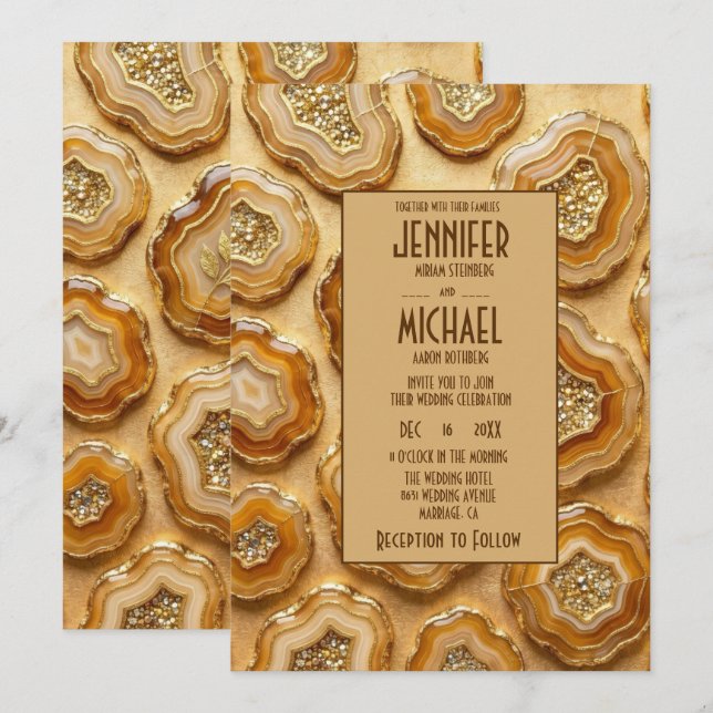 Elegant Caramel and Gold Geode Wedding Invitations (Front/Back)