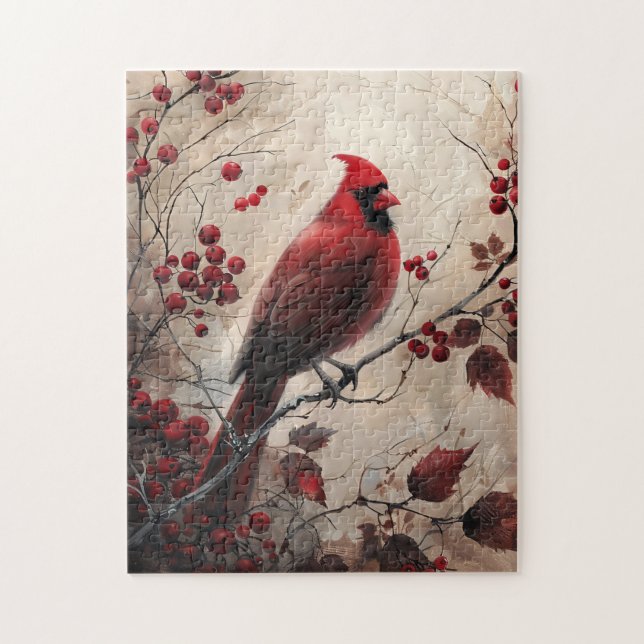 Elegant Cardinal and Berries Wildlife Painting Jigsaw Puzzle (Vertical)