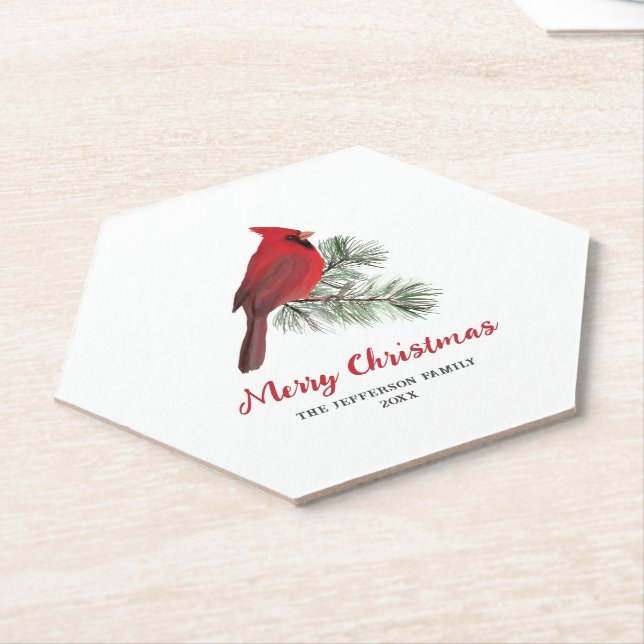 Elegant Cardinal Bird Christmas Custom Paper Coaster (Angled)