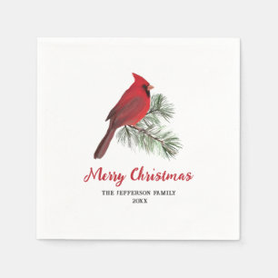 Elegant Cardinal Bird on Christmas Pine Monogram Napkin