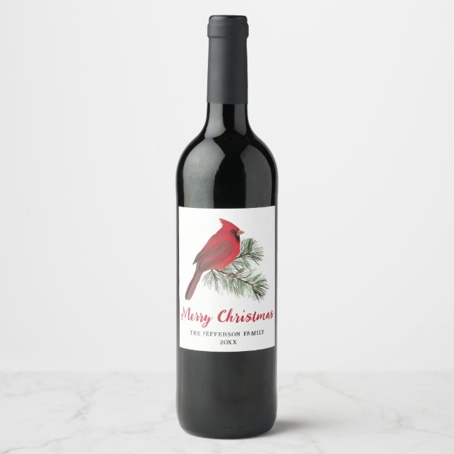 Elegant Cardinal Bird on Christmas Pine Monogram Wine Label (Front)