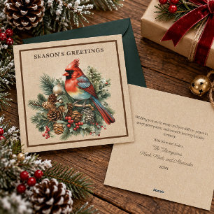 Elegant Cardinal Pinecones Woodland Burlap Luxury Holiday Card
