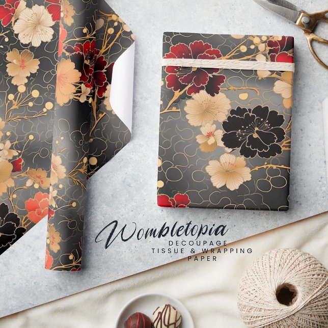 Elegant Carnation | Red & Gold Florals on Grey  Wrapping Paper (Creator Uploaded)