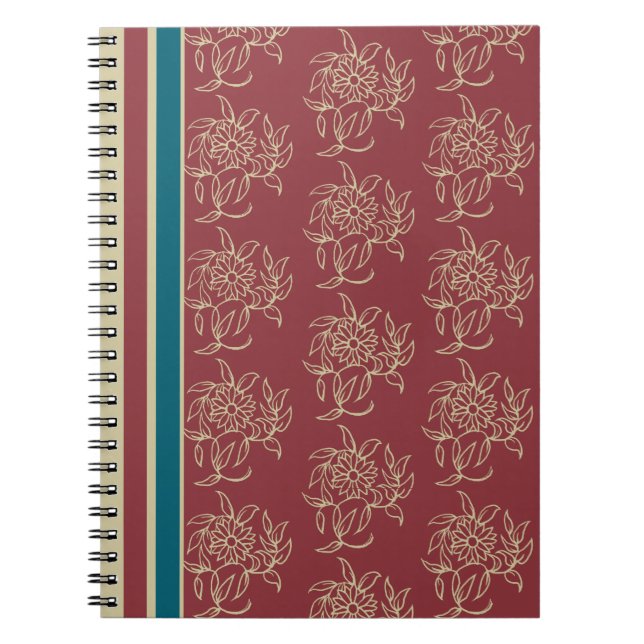 Elégant Carnet Spiral, Maroon, Floral Bleu (Devant)