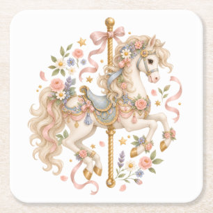 Elegant Carousel Horse French Fairytale Square Paper Coaster