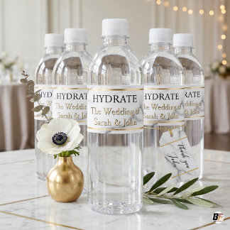 Elegant Carrara Marble & Gold Wedding Hydrate  Water Bottle Label