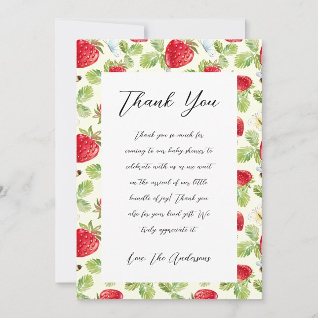Elégant Carte de remerciements Baby shower fraise (Devant)