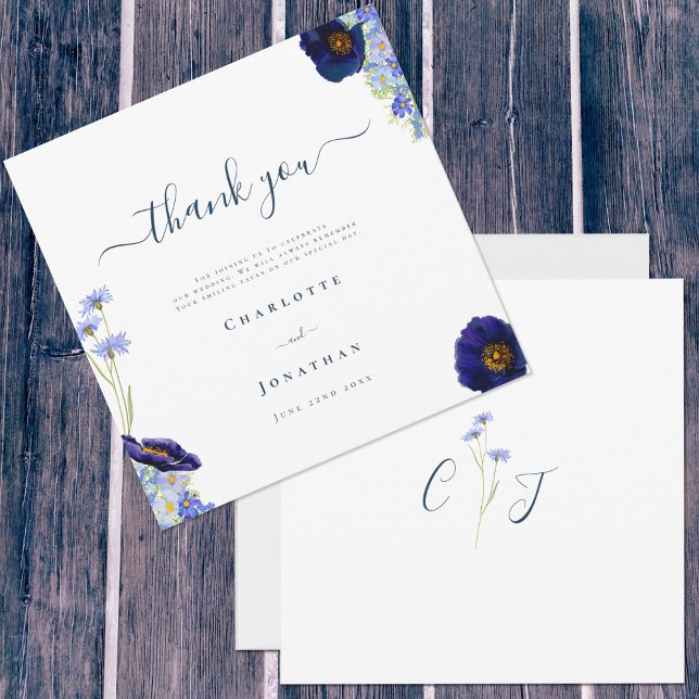 Élégant Carte de remerciements Fleur sauvage (Unique wedding thank you card with wildflower watercolor art by artist Catherine Sweetman )