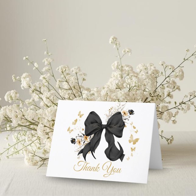 Élégant Carte de remerciements noir coquette (Elegant Black Bow Wildflower thank you card)