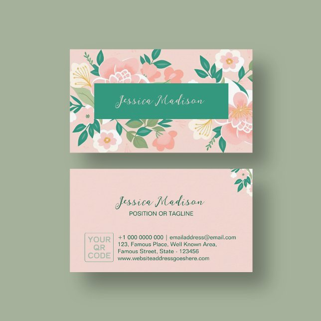 Élégant Carte de visite floral avec code QR | DP7 (best premium business card template for business woman home business diy business )