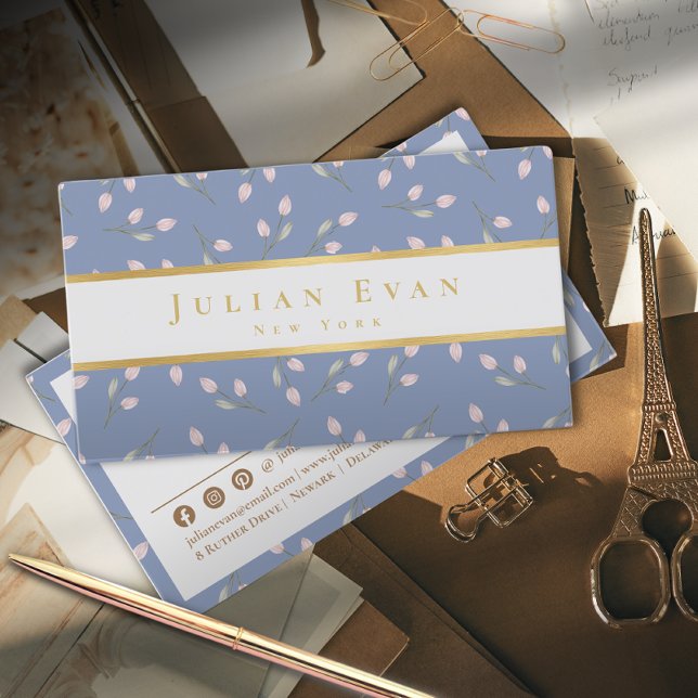 Elégant Carte de visite Floral Dusty Blue Faux Gol (Créateur téléchargé)