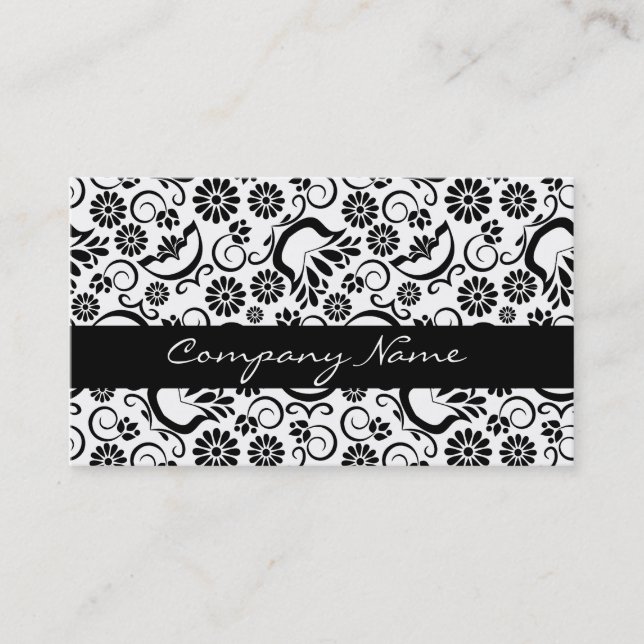 Élégant Carte de visite noir blanc floral (Devant)
