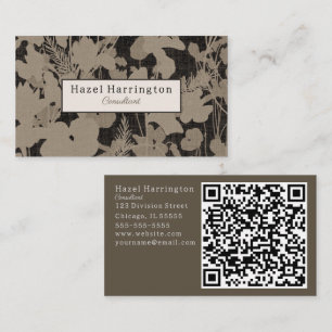 Élégant Carte de visite QR Floral noir beige