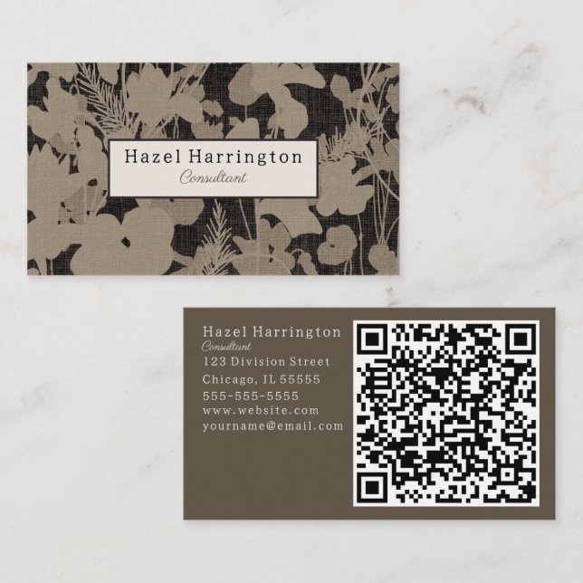 Élégant Carte de visite QR Floral noir beige (Devant / Derrière)