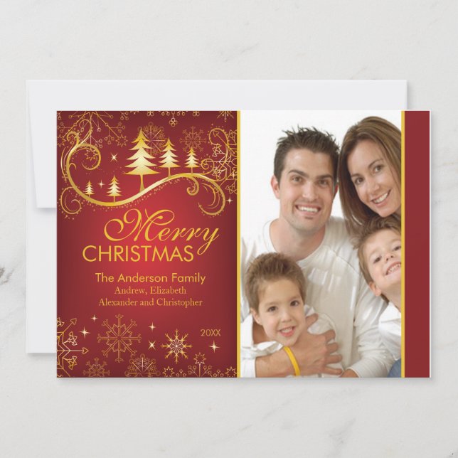 Élégant Carte photo de Noël Red Gold (Devant)