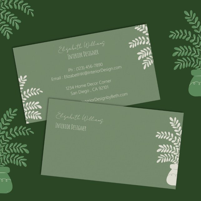 Élégant Cartes de visite de concepteur d'intérieur (Elegant green interior designer double-sided business cards . )