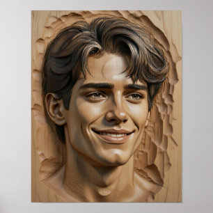Elegant Carved Portrait on Wood Texture Poster