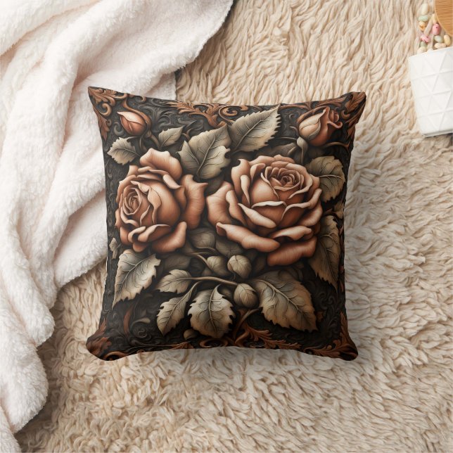 Elegant Carved Roses in Dark Ornate Design Throw Pillow (Blanket)