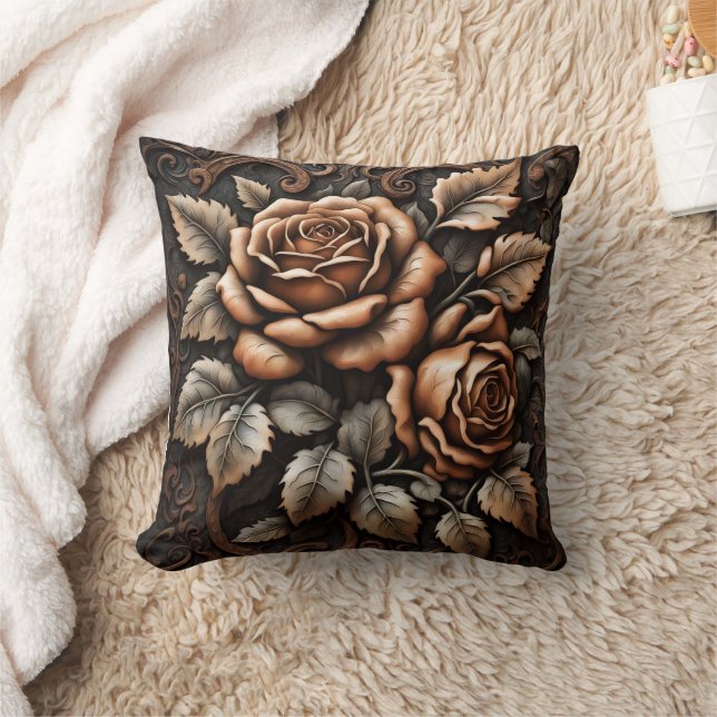 Elegant Carved Roses With Lush Leaves Throw Pillow (Blanket)