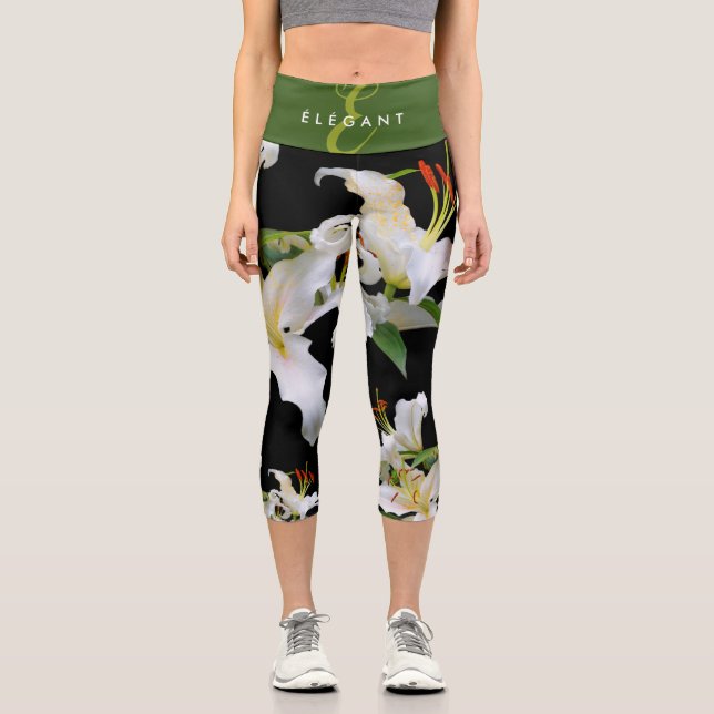 Elegant Casablanca White Oriental Lilies Capri Leggings (Front)