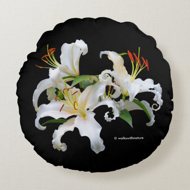 Elegant Casablanca White Oriental Lilies Round Pillow (Front)
