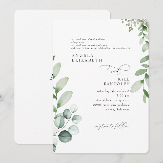Elegant Cascading Eucalyptus Wedding Rounded Invitation (Front/Back)