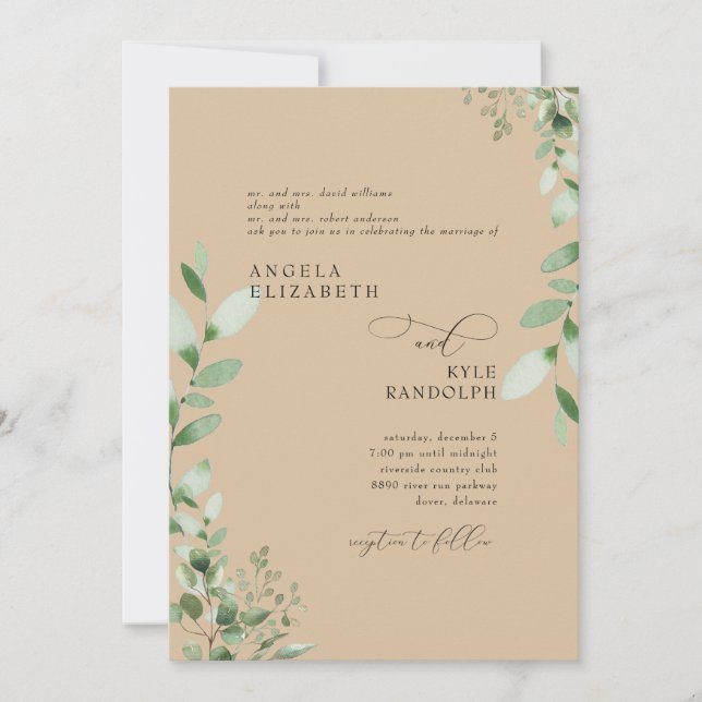 Elegant Cascading Greenery Wedding Khaki Invitation (Front)
