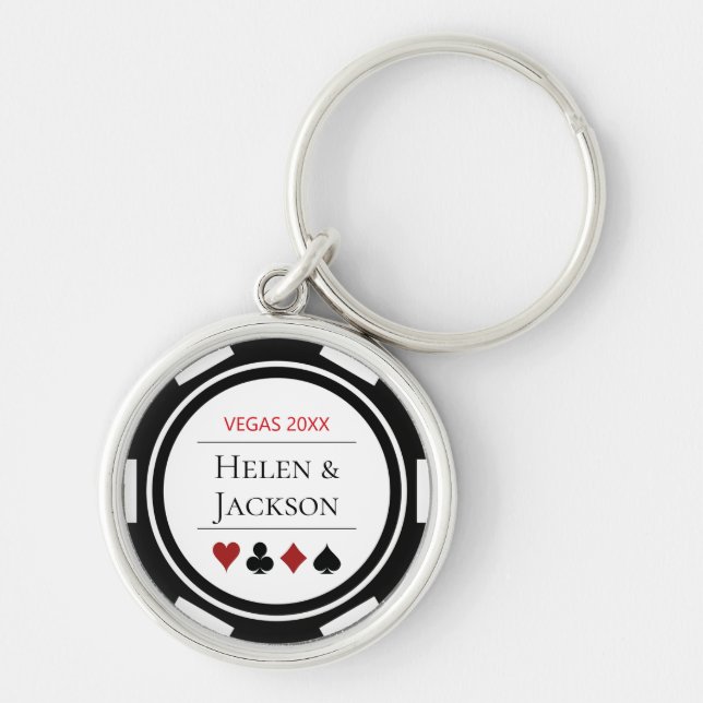 Elegant Casino Poker Chip Black White Wedding Keychain (Front)