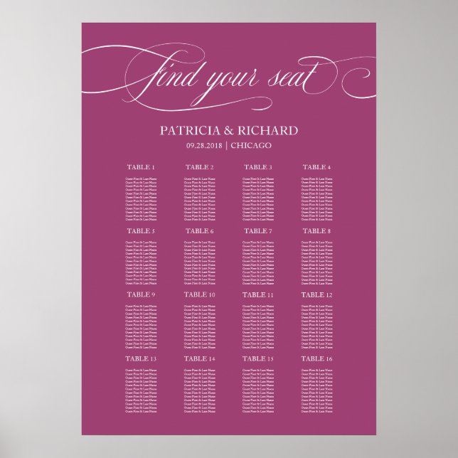 Elegant Cassis Wedding Seating Chart Sign (Front)