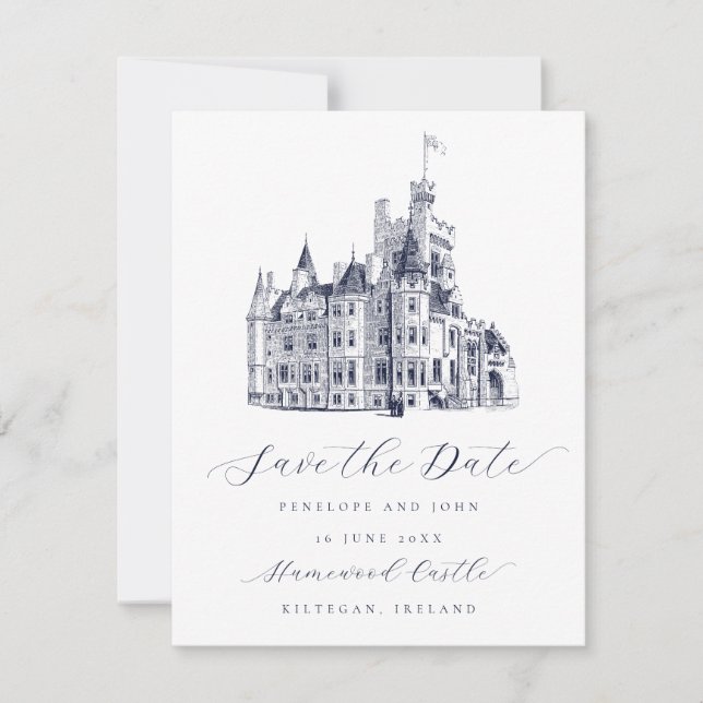 Elegant Castle Illustration Script Wedding  Save The Date (Front)
