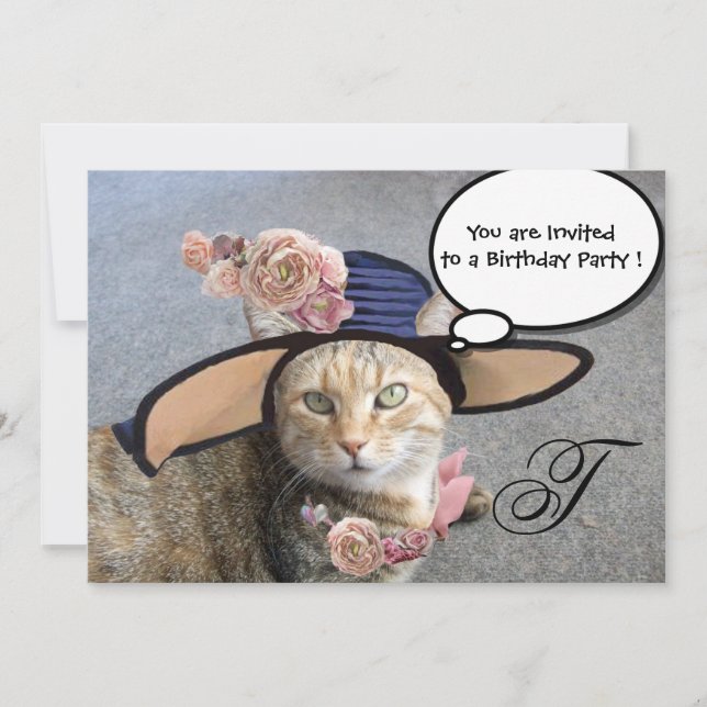 ELEGANT CAT,BIG DIVA HAT AND ROSES BIRTHDAY PARTY INVITATION (Front)