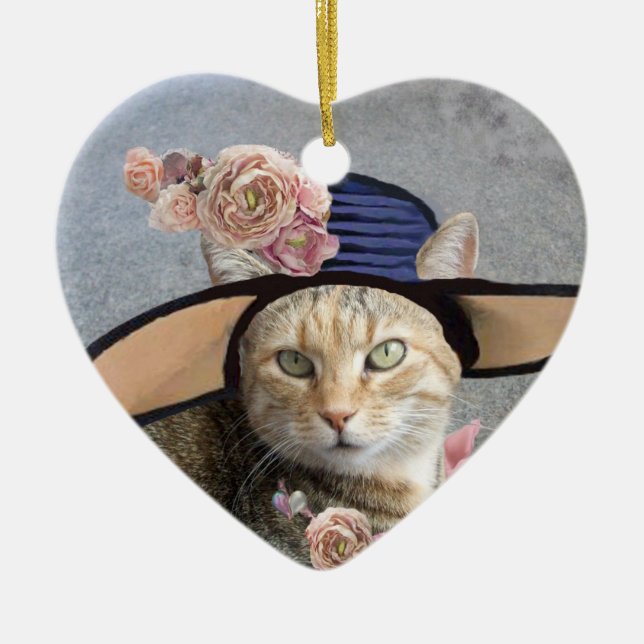 ELEGANT CAT,BIG DIVA HAT AND ROSES Valentine Heart Ceramic Ornament (Front)