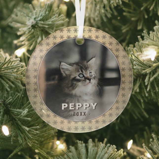 Elegant Cat Photo Golden Snowflakes Christmas  Glass Ornament (Insitu)