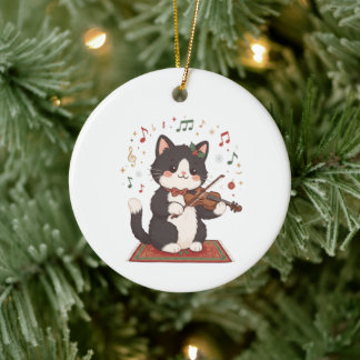 Elegant Cat Playing Violin Christmas Ceramic Ornament