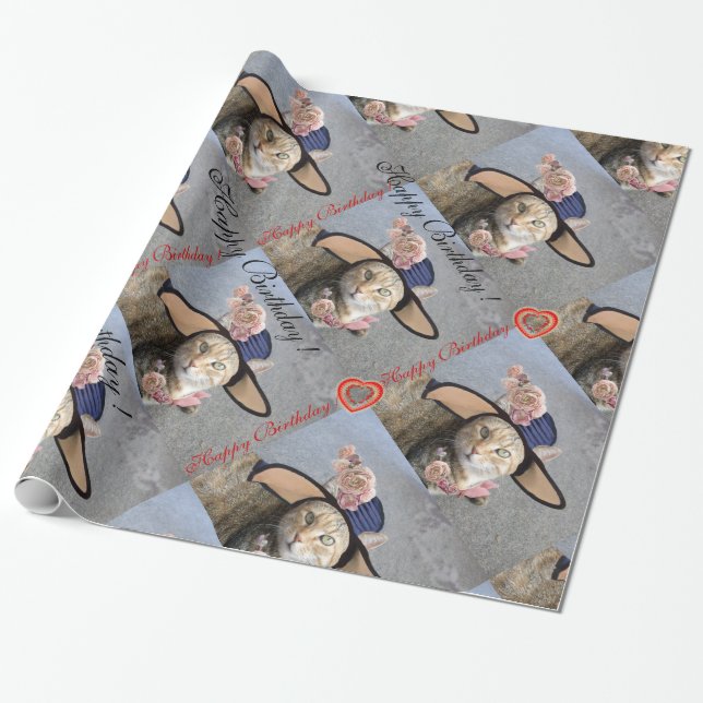 ELEGANT CAT WITH BIG DIVA HAT,PINK ROSES Birthday Wrapping Paper (Unrolled)