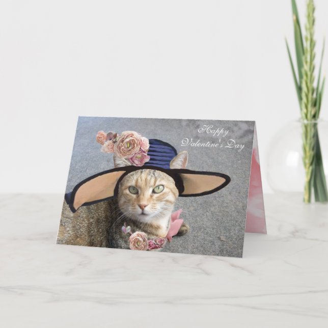 ELEGANT CAT WITH BIG DIVA HAT,PINK ROSES Valentine Holiday Card (Front)