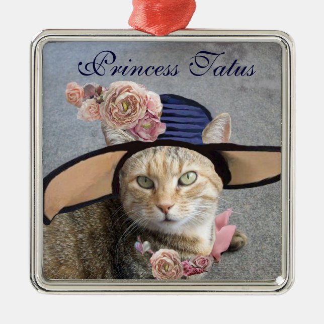 ELEGANT CAT WITH BIG DIVA HAT,PINK ROSES Valentine Metal Ornament (Front)