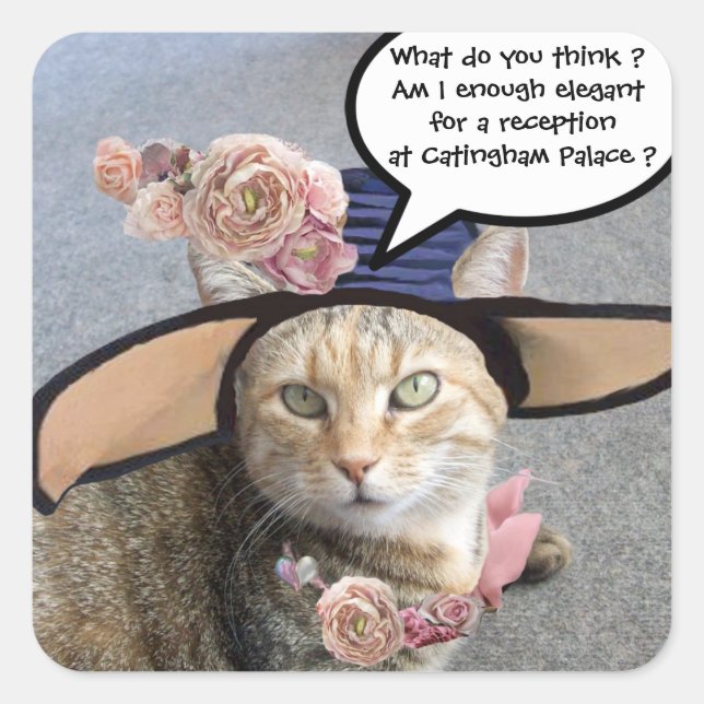ELEGANT CAT WITH BIG DIVA HAT,PINK ROSES Valentine Square Sticker (Front)
