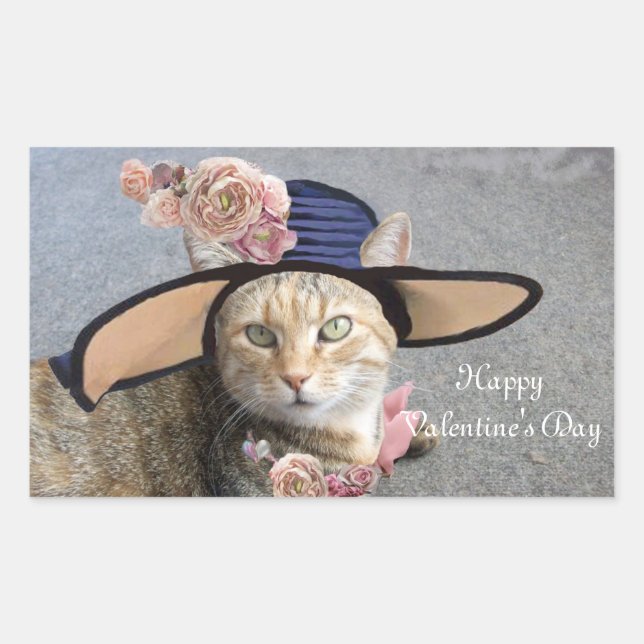 ELEGANT CAT WITH BIG DIVA HAT,PINK ROSES Valentine Sticker (Front)