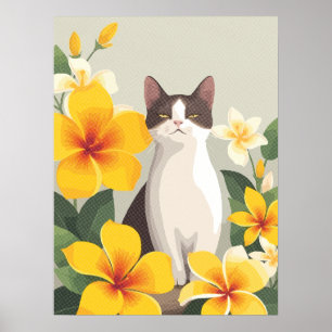 Elegant Cat with Yellow Plumeria Flowers  Poster
