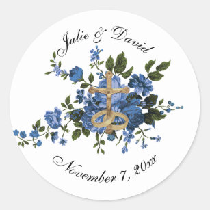 Elegant Catholic Blue Roses Wedding Label