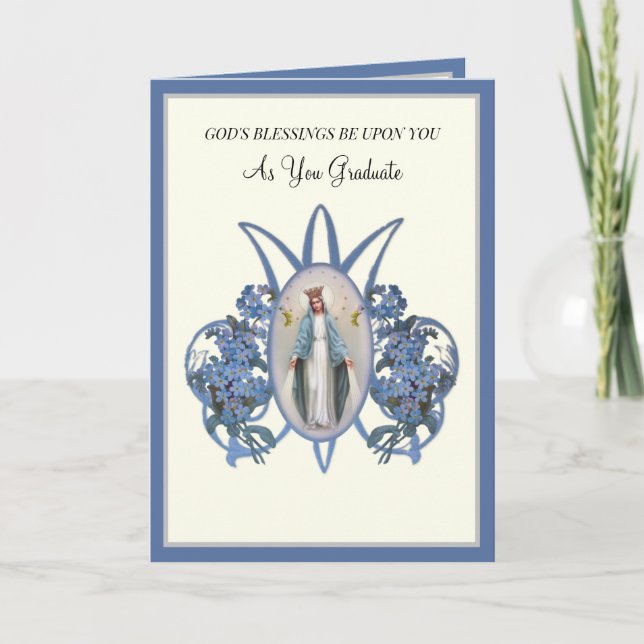 Elegant Catholic Graduation Virgin Mary Flowers Card (Front)