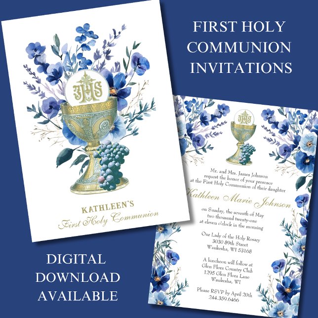 Elegant Catholic Holy Communion  Floral Invitation (Creator Uploaded)