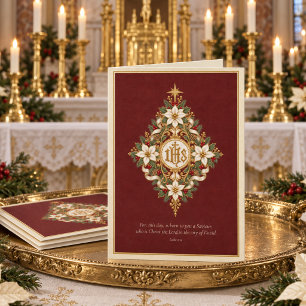 Elegant Catholic IHS Ornament, Luke 2:11 Floral Holiday Card