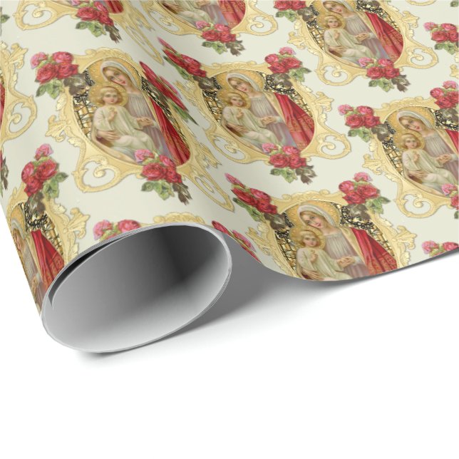 Elegant Catholic Virgin Mary Jesus Red Roses  Wrap Wrapping Paper (Roll Corner)