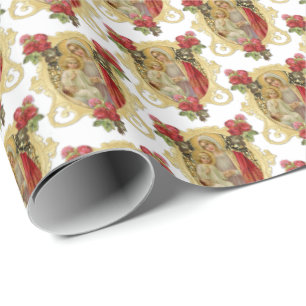 Elegant Catholic Virgin Mary Jesus Red Roses Wrapping Paper