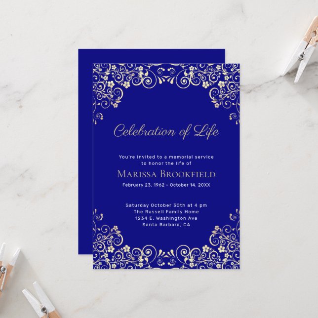 Elegant  Celebration of Life Navy Blue Gold Swirls Invitation (Front/Back In Situ)