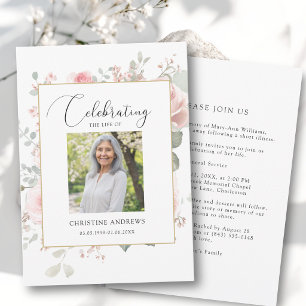 Elegant Celebration of Life Photo Roses Funeral Invitation